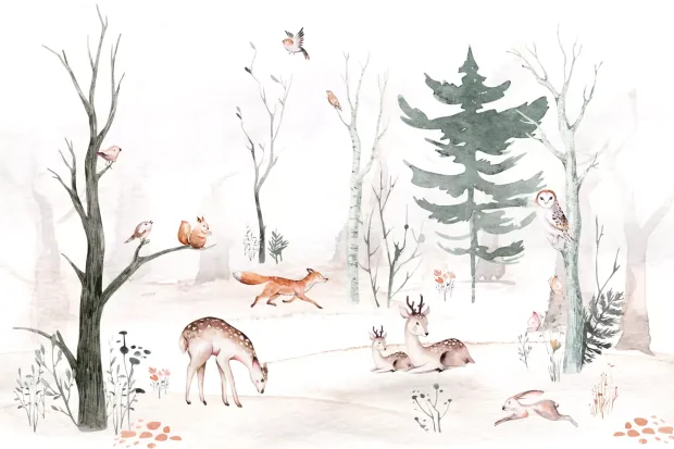 Wallpaper for Children’s Room: Happy Animals, Forest and Mountains in the Background