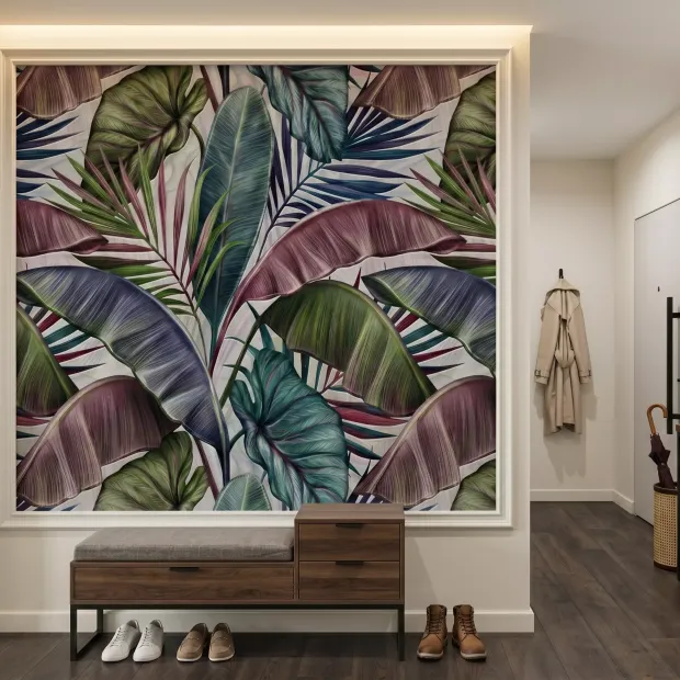 Decorative Wallpaper: Colorful Illustration of Exotic Leaves and Plants
