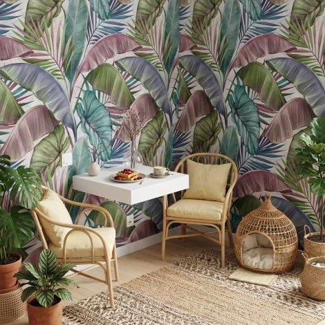 Decorative Wallpaper: Colorful Illustration of Exotic Leaves and Plants