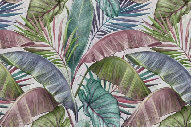 Decorative Wallpaper: Colorful Illustration of Exotic Leaves and Plants