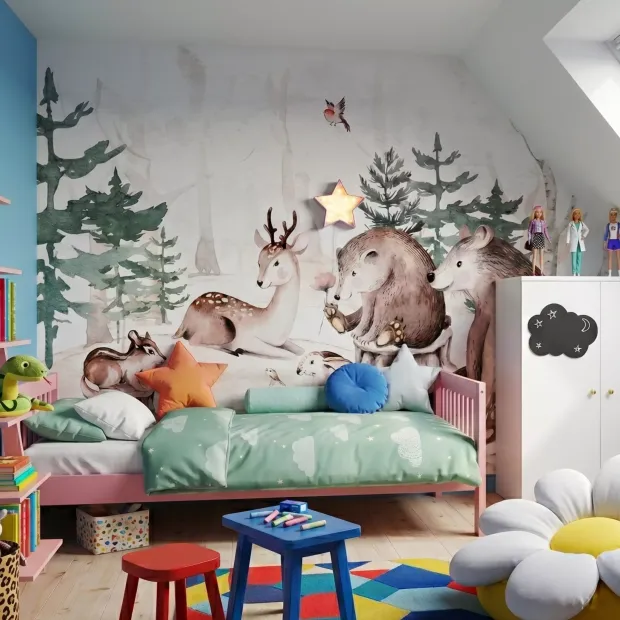 Wallpaper for Children: Wild Forest Animals, Forest and Trees