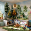 Wallpaper for Children’s Room: Happy Animals, Forest and Mountains in the Background