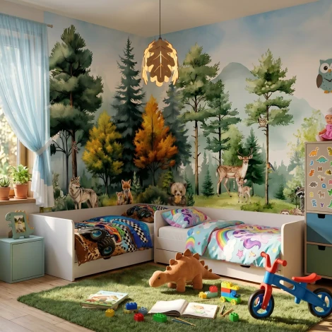 Wallpaper for Children’s Room: Happy Animals, Forest and Mountains in the Background