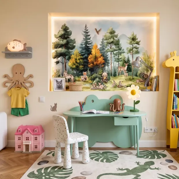 Wallpaper for Children’s Room: Happy Animals, Forest and Mountains in the Background