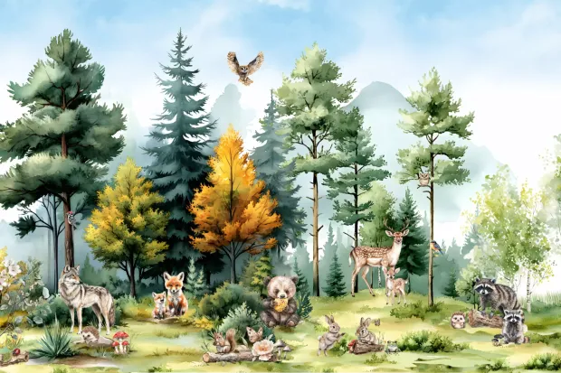 Wallpaper for Children’s Room: Happy Animals, Forest and Mountains in the Background