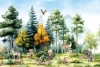 Wallpaper for Children’s Room: Happy Animals, Forest and Mountains in the Background