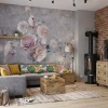 Wallpaper for Living Room or Bedroom: White Parakeets Among Floral Bouquets