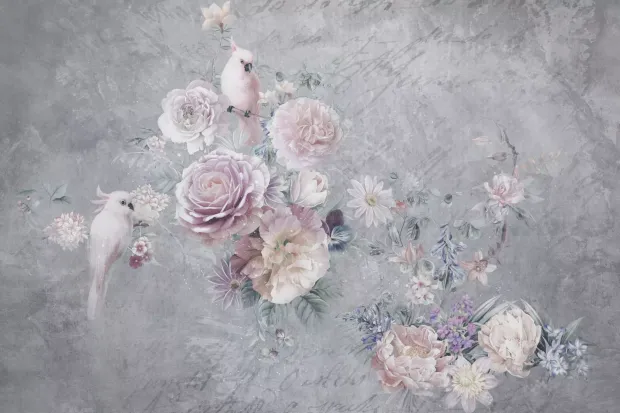 Wallpaper for Living Room or Bedroom: White Parakeets Among Floral Bouquets