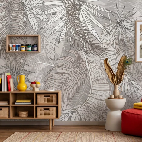 Wall Mural: Composition of Tropical Leaves in Light Beige Tones
