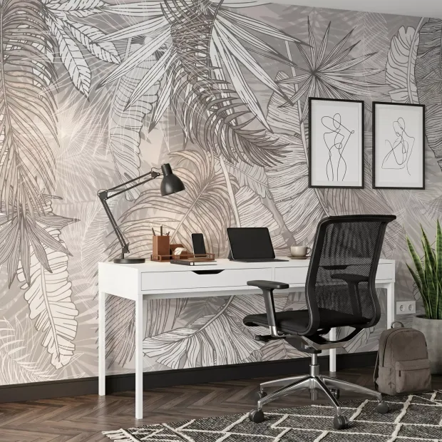 Wall Mural: Composition of Tropical Leaves in Light Beige Tones
