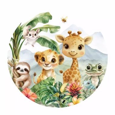 Naklejka tekstylna na ścianę: żyrafa, lwiątko, zwierzęta safari, palmy