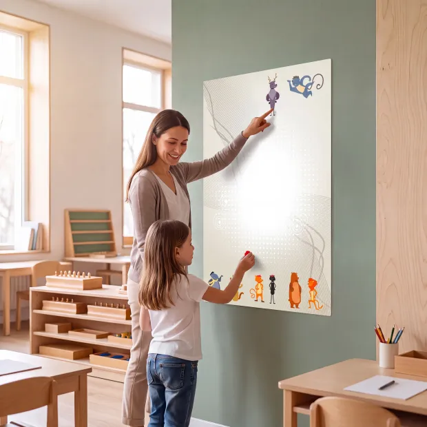 Tablica magnetyczna suchościeralna dla dzieci ze zwierzętami na ścianie, przy której stoi kobieta z dzieckiem.