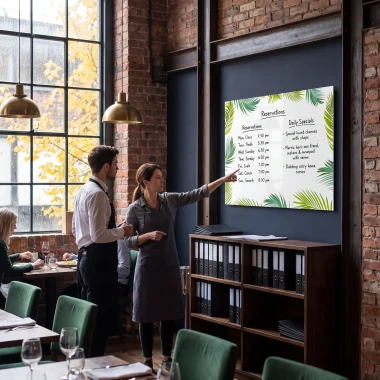 Tablica suchościeralna bezramowa z motywem zielonych liści i zapiskami rezerwacji, na ścianie w restauracji