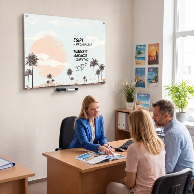 Tablica suchościeralna z grafiką palm i napisami w biurze podróży z parą klientów przy biurku.