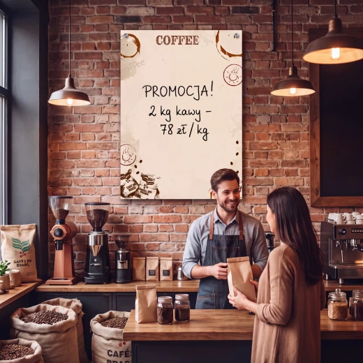 Tablica suchościeralna na ceglanej ścianie w kawiarni z napisem promocja. Barista podający paczkę klientce