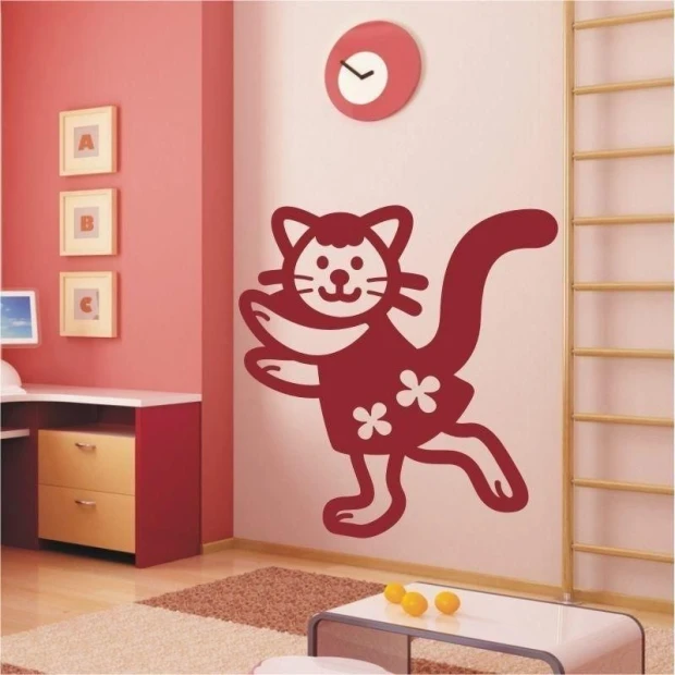 Cheerful cat sticker in a red dress, perfect for a child\'s room, adding joy and color.