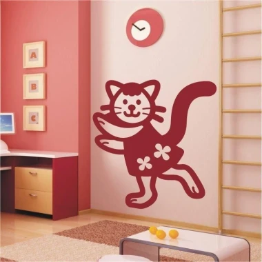 Cheerful cat sticker in a red dress, perfect for a child\'s room, adding joy and color.