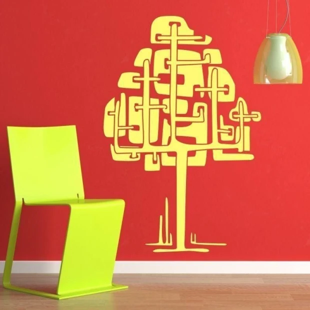 Abstract tree in vibrant yellow, perfect for a modern interior with a red wall.