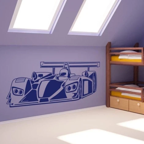 Dynamic sports car sticker adding energy to a modern kids\' room with an attic.