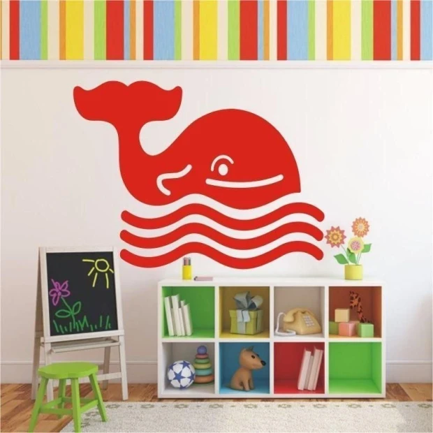 Cheerful red whale sticker, perfect for a colorful children\'s room.