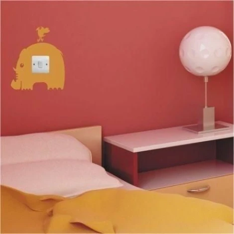 Painting template contact 1093 - Bedroom arrangement. Red wall, bed with light bedding.