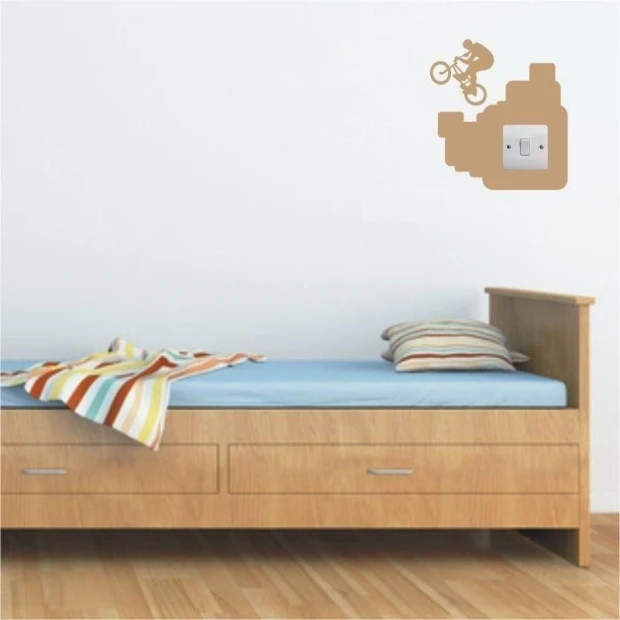 Painting template contact 1095 - Decor in a children\'s room. Light-colored wall, wooden frame bed.