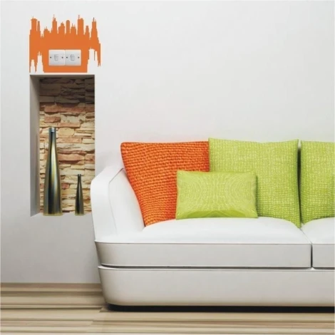 Painting template contact 1108 - Living room setup. Light-colored walls, sofa with orange and green cushions.