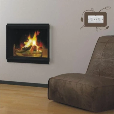 Painting template contact 1120 - Living room arrangement. Light-colored walls, fireplace, and brown armchair.