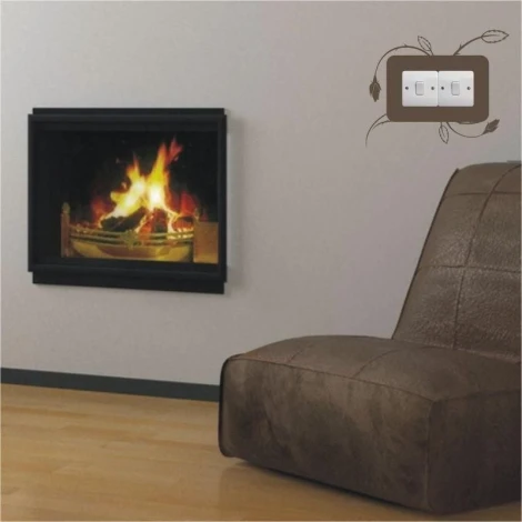 Painting template contact 1120 - Living room arrangement. Light-colored walls, fireplace, and brown armchair.