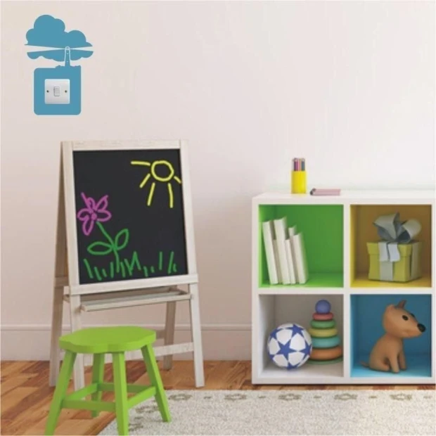 Colorful painting template Contact 02 in a cozy children\'s room, perfect for creative play and activities.