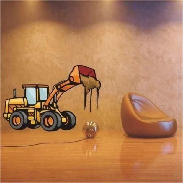 Colorful bulldozer sticker in a modern living room, adding energy and creativity to the space.