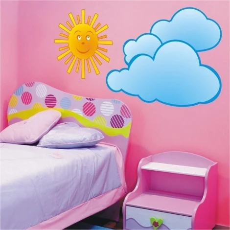Cloud and sun sticker 51 - Decor for a child\'s room. Pink walls and a bed with a colorful headboard.