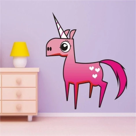 Colorful unicorn sticker in a charming children\'s bedroom, adding magic and joy to any space.