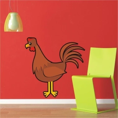 Cheerful rooster sticker on a red wall in a modern interior, perfect for a child\'s room or nursery.