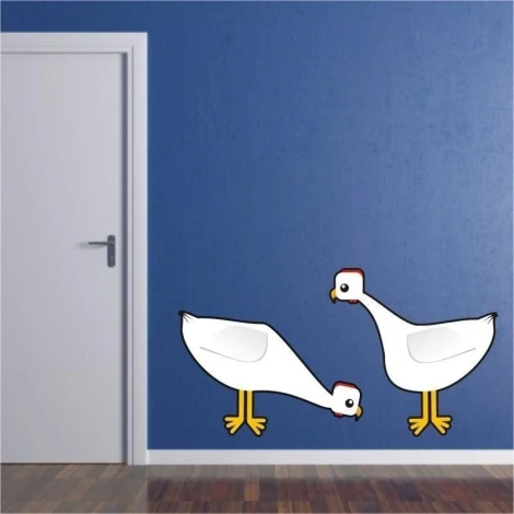 Chicken sticker 30 adds charm and color to a cheerful children\'s room against a blue wall.