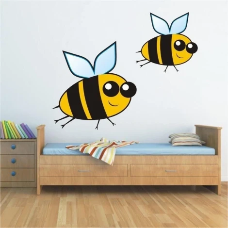 Charming yellow bee sticker with a cheerful expression, perfect for a child\'s room.