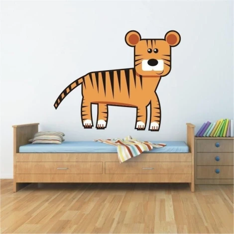 Tiger sticker in a cheerful children\'s style, perfect for a little explorer\'s room.