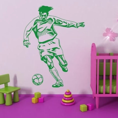 Dynamic painting template of a soccer player in a cheerful children\'s room, perfect for creating a sporty atmosphere.