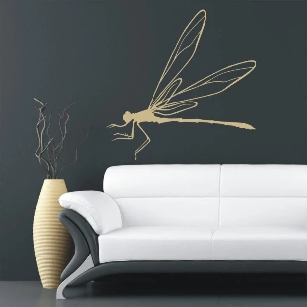 Dragonfly painting template 1061 - Living room decor. Dark wall, light sofa, minimalist style.