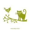 Charming painting template of a kitten and bird in fresh green colors, perfect for a child\'s room.