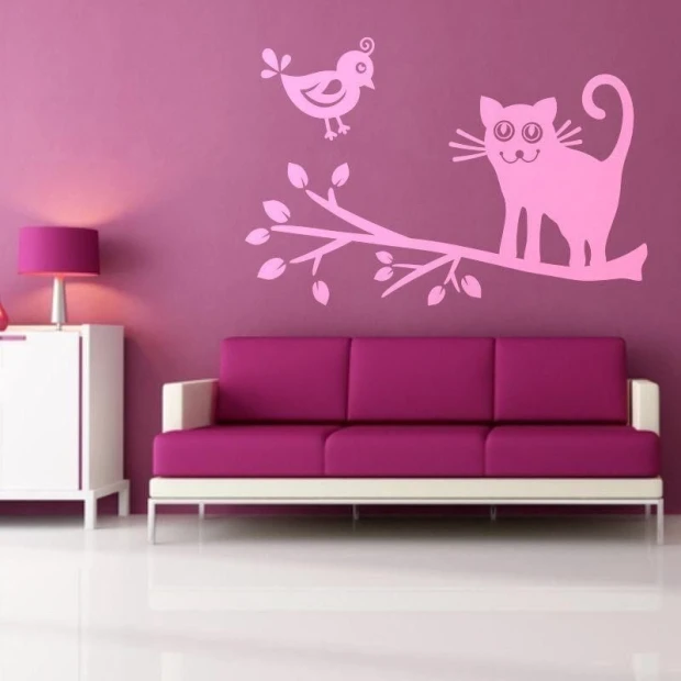 Cheerful cat and bird painting template in pastel colors, perfect for a cozy room.