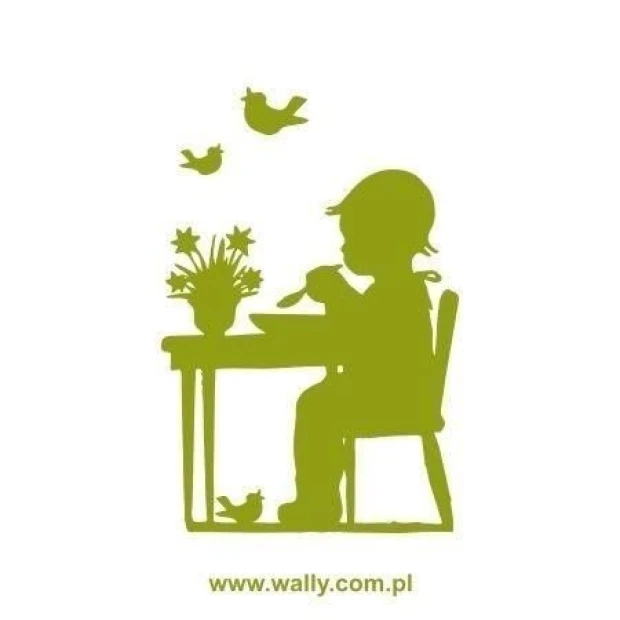 Charming boy sticker at a table, surrounded by birds and flowers, perfect for a child\'s room.