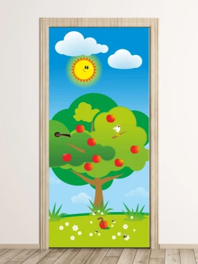 Colorful door wallpaper featuring a cheerful fruit tree, perfect for a child\'s room full of joy.
