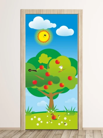 Colorful door wallpaper featuring a cheerful fruit tree, perfect for a child\'s room full of joy.