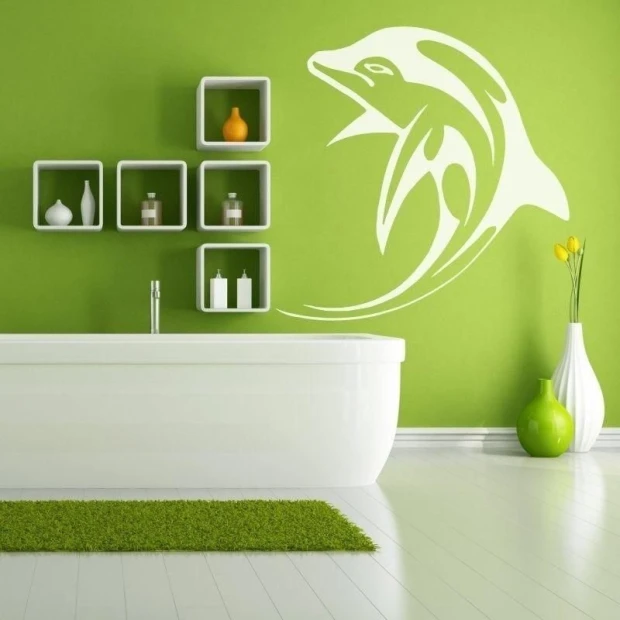 Dolphin sticker 1684 in a fresh green bathroom, adding lightness and a modern touch.