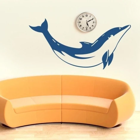 Stylish dolphin sticker in vibrant blue, perfect for a modern living room with orange accents.