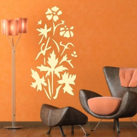 Stylish floral sticker 1693 in light colors, perfect for a modern living room with an orange wall.