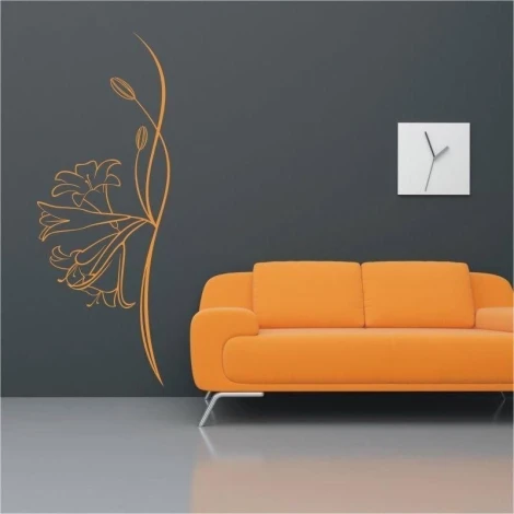 Elegant floral painting template 0986 in a modern living room with an orange sofa against a dark wall.