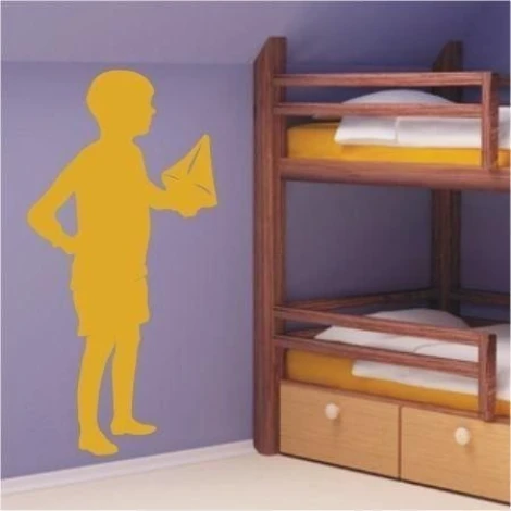 Boy holding a paper boat, perfect for a colorful children\'s room in a cheerful style.