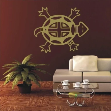Indian turtle sticker adding ethnic charm to a modern living room in warm tones.